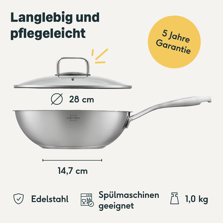 SILBERTHAL Edelstahl Wok Unbeschichtet 28 cm Deckel PFOS &amp; PFOA &amp; PTFE frei