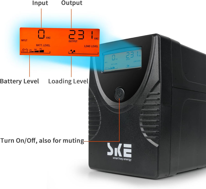 SKE USV 1250VA/720W Unterbrechungsfreie Stromversorgung USV 230V für Computer Router UPV Stromversor