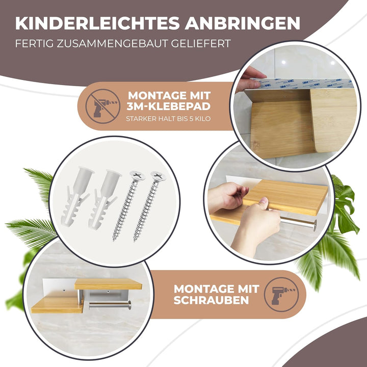 Toilettenpapierhalter Holz Bambus [KLEBEN oder Bohren] | hochwertiger Klopapierhalter ohne Bohren mi
