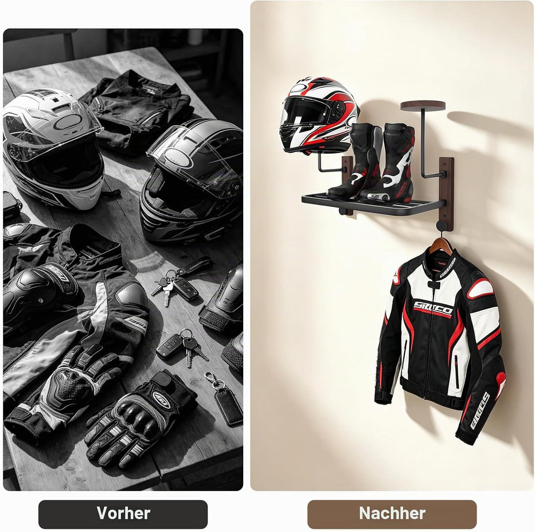 Motorradhelm Halterung, Helmhalter Wandmontage mit Ablage und 2 Helmständer für Motorrad Fahrrad Ren