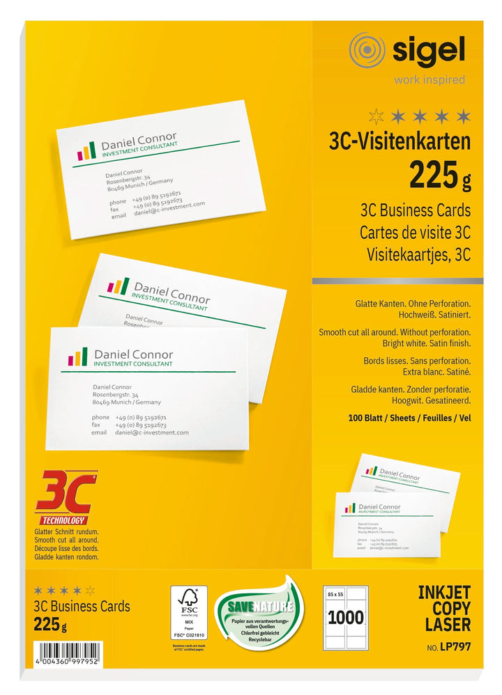 SIGEL LP797 bedruckbare Visitenkarten 3C, 1000 Stück (100 Blatt), hochweiss, glatter Schnitt rundum,