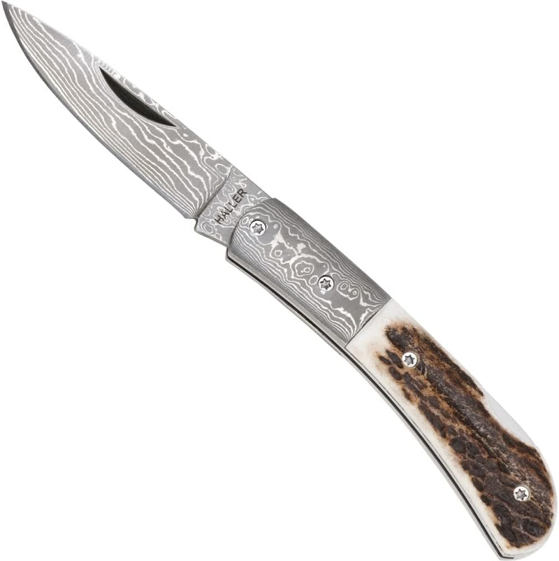 Haller Unisex – Erwachsene Damast-Taschenmesser Hirschhorngriff, braun, one Size