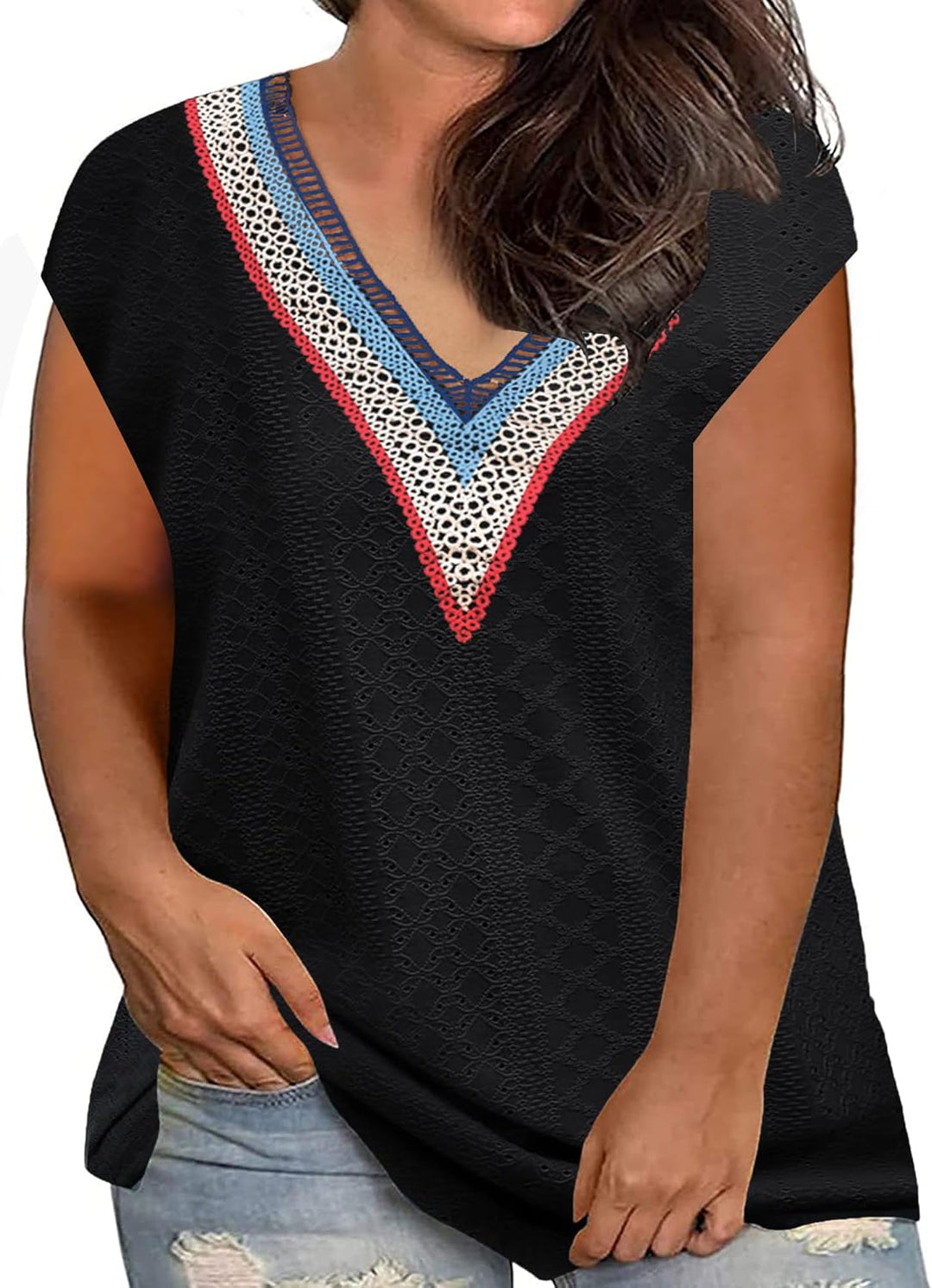 Grosse Grössen T-Shirts Damen V-Ausschnitt Plus Size Mode Strick Top Sommer Oversize Frauen Tshirts