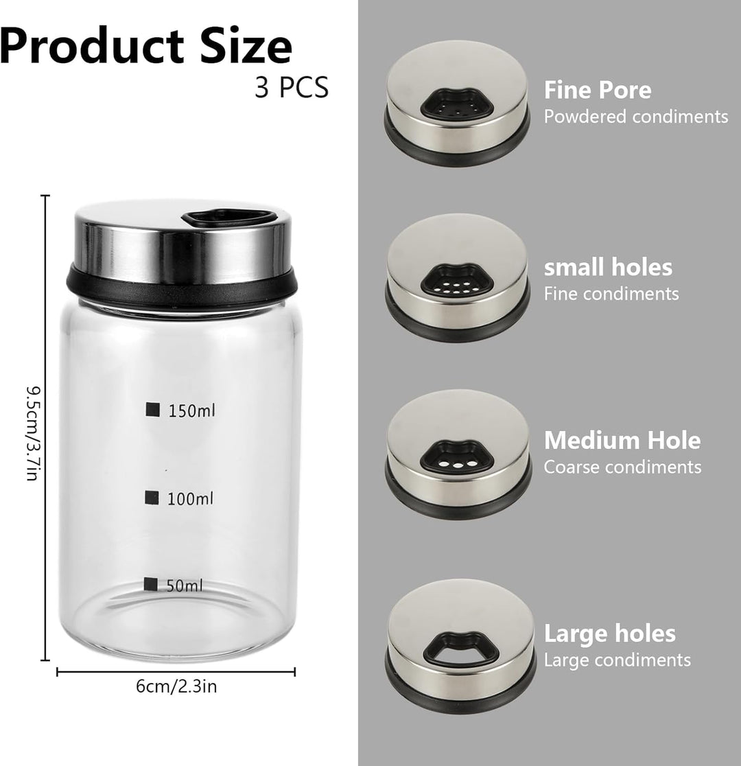 3 Stück Gewürzgläser mit Drehdeckel 150ml Gewürzstreuer Glas 6x9,5cm Luftdicht Gewürzdosen mit 4 Art