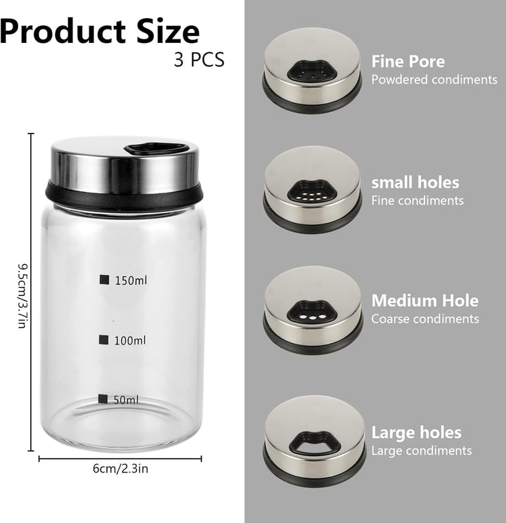 3 Stück Gewürzgläser mit Drehdeckel 150ml Gewürzstreuer Glas 6x9,5cm Luftdicht Gewürzdosen mit 4 Art