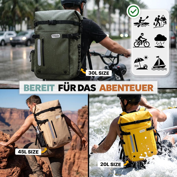 Ruqqle Wasserdichter Rucksack, vielseitig, wasserdicht Tasche, Dry Bag 20/30/45 l, mit 3 Aussentasch