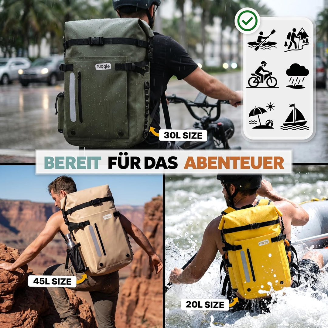 Ruqqle Wasserdichter Rucksack, vielseitig, wasserdicht Tasche, Dry Bag 20/30/45 l, mit 3 Aussentasch