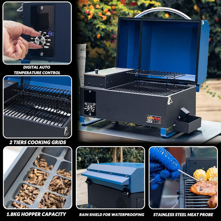 Onlyfire Pellet Smoker Grill, 8-in-1-Multifunktion Räucherofen, Pelletgrill inkl. Abdeckhaube, LED-B