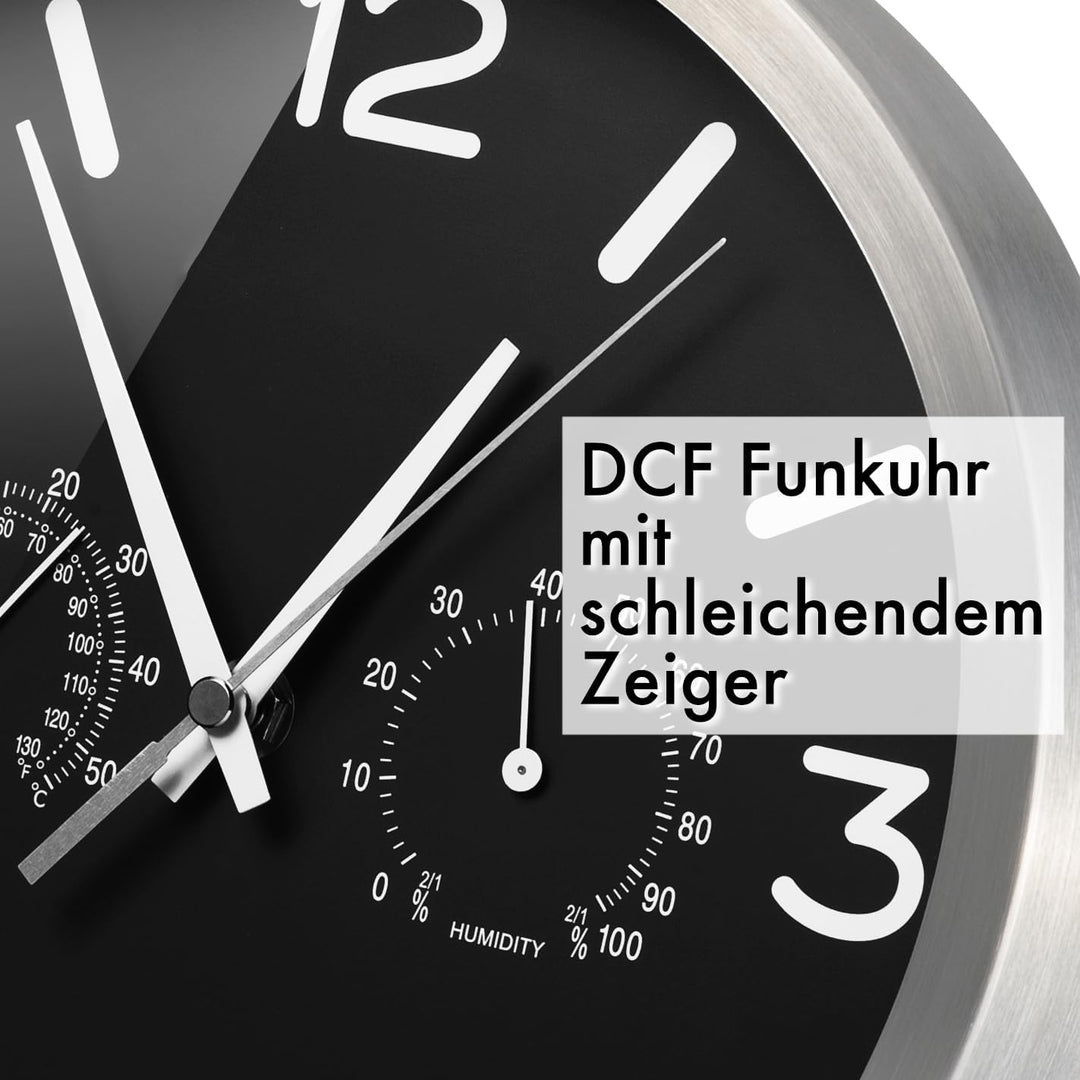 Bresser Funkuhr Wanduhr MyTime ND Thermo-Hygro mit geräuschlosem Funkuhrwerk, Edelstahlrahmen und An