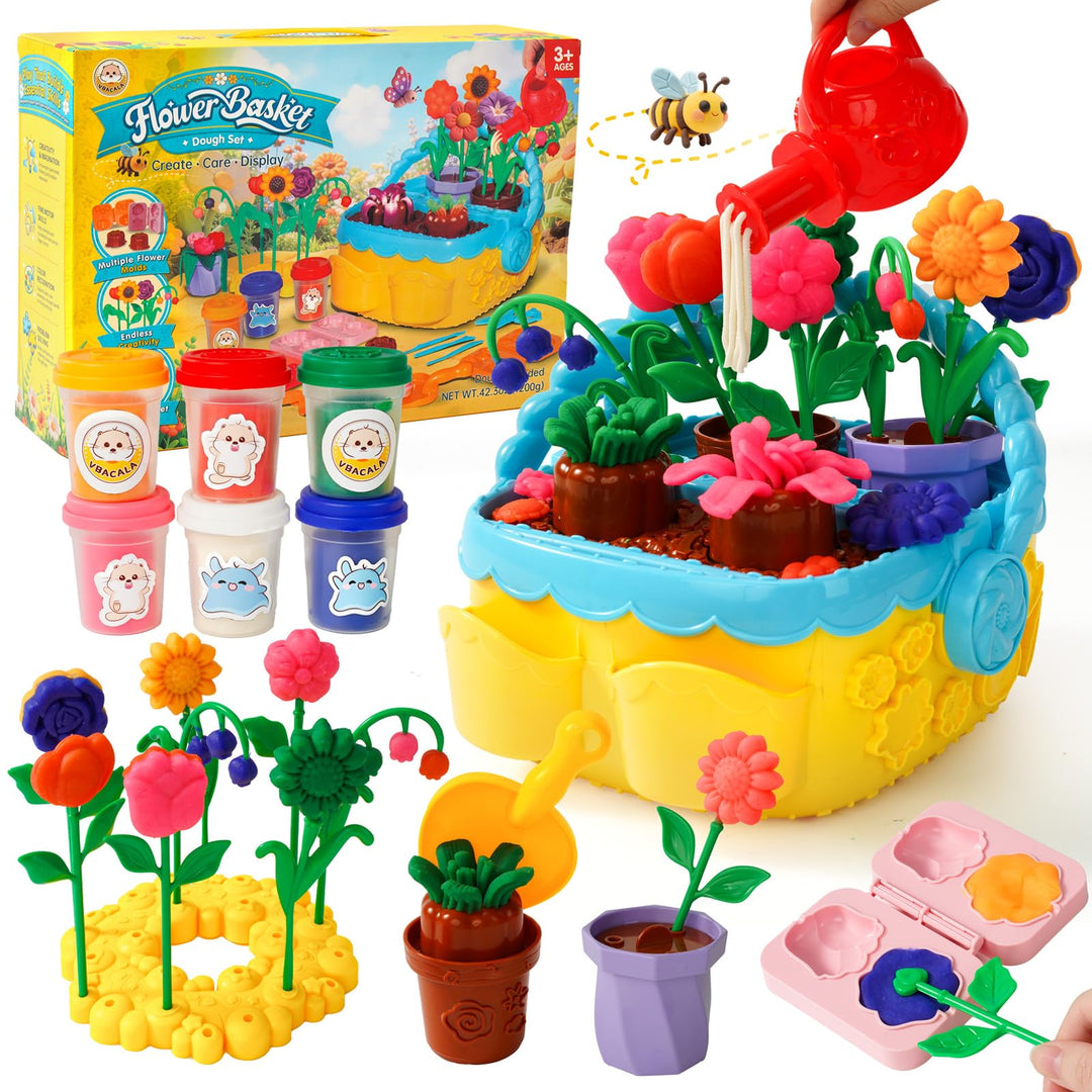 VBACALA Bunter Blumenspass Knete Set,43PCS Kreatives Bastelset mit 6 Farben Knetmasse, 10 Blumenform