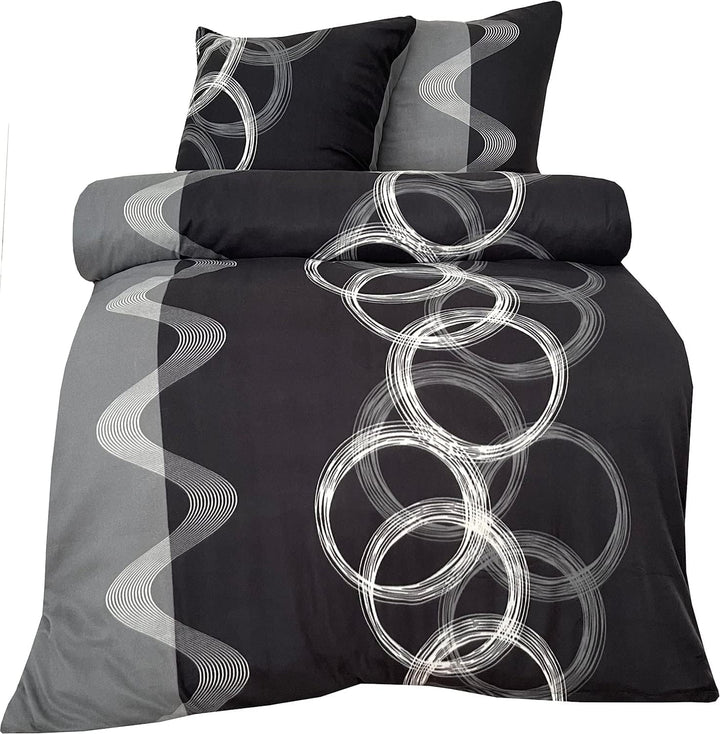 Leonado Vicenti 200x200 cm Warme Winter Bettwäsche Kreise Schwarz Grau Fleece gestreift modern Schla