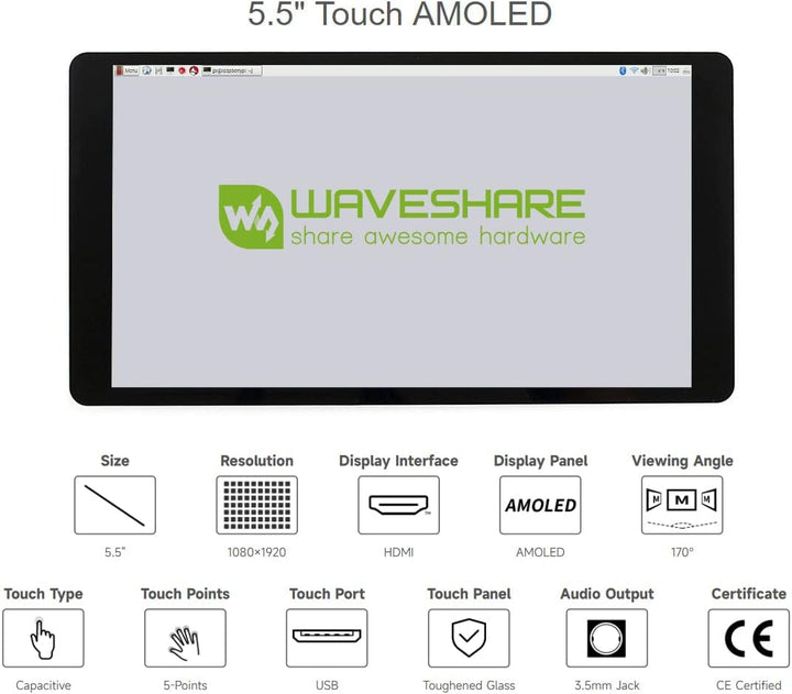 Waveshare 5.5inch HDMI AMOLED Display 1920x1080 Resolution Capacitive Touch Screen with Toughened Gl