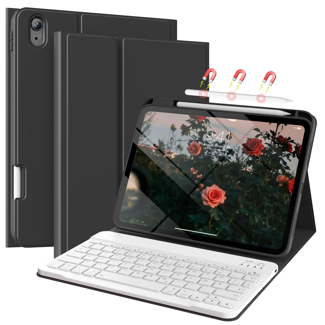 Hülle mit Tastatur für iPad 11/10 Generation mit Stifthalter, Magnetisch Abnehmbare Kabellose Blueto