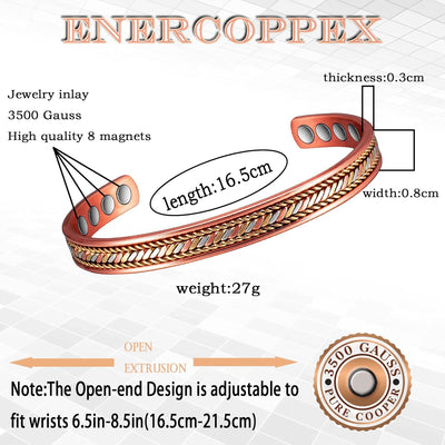 EnerCoppeX Magnetische Armbänder aus reinem Kupfer, 6,5 Zoll (6,5 Zoll) für Damen, Tür 8 Magnete, ko