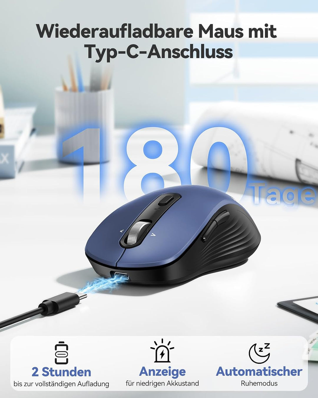 TECKNET Bluetooth Maus Kabellos, Wiederaufladbare Funkmaus mit 4-Wege-Scrollrad, 4800 DPI 6 Stufen,