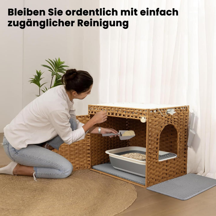 Katzenklo: Versteckte Katzentoilette aus Rattan in Möbeloptik mit auslaufsicherer Katzenklo-Matte fü