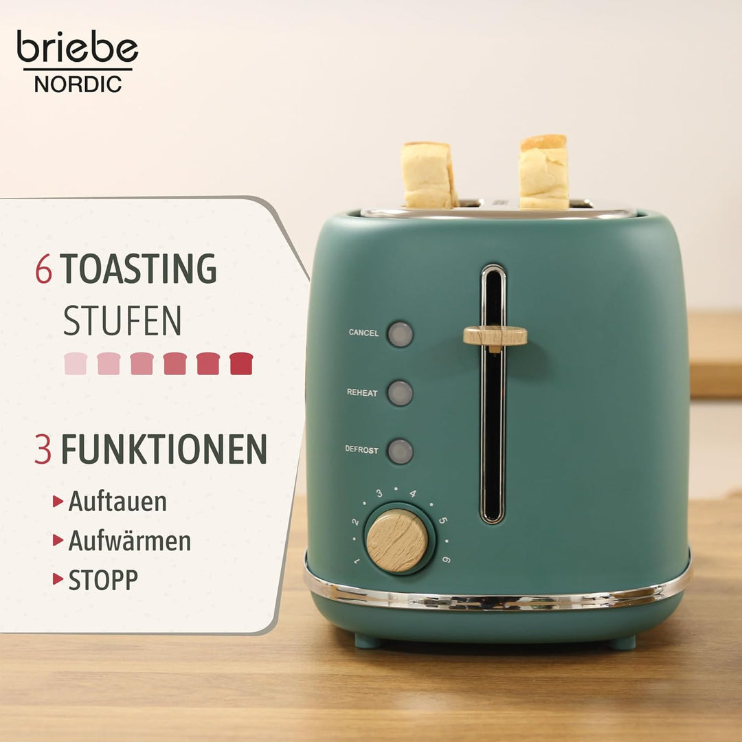 briebe Nordic Toaster mit breitem Schlitz, Toaster für 2 Scheiben, 6 Röststufen, Warmhaltefunktion,
