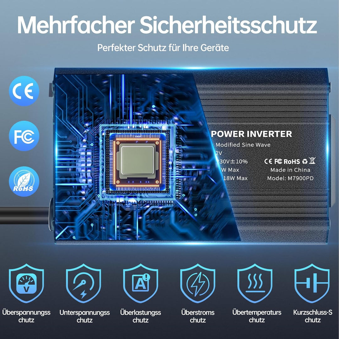Upgrade 300W Spannungswandler, Wechselrichter 12V auf 230V Stromumwandler mit PD 65W & QC3.0 18W USB