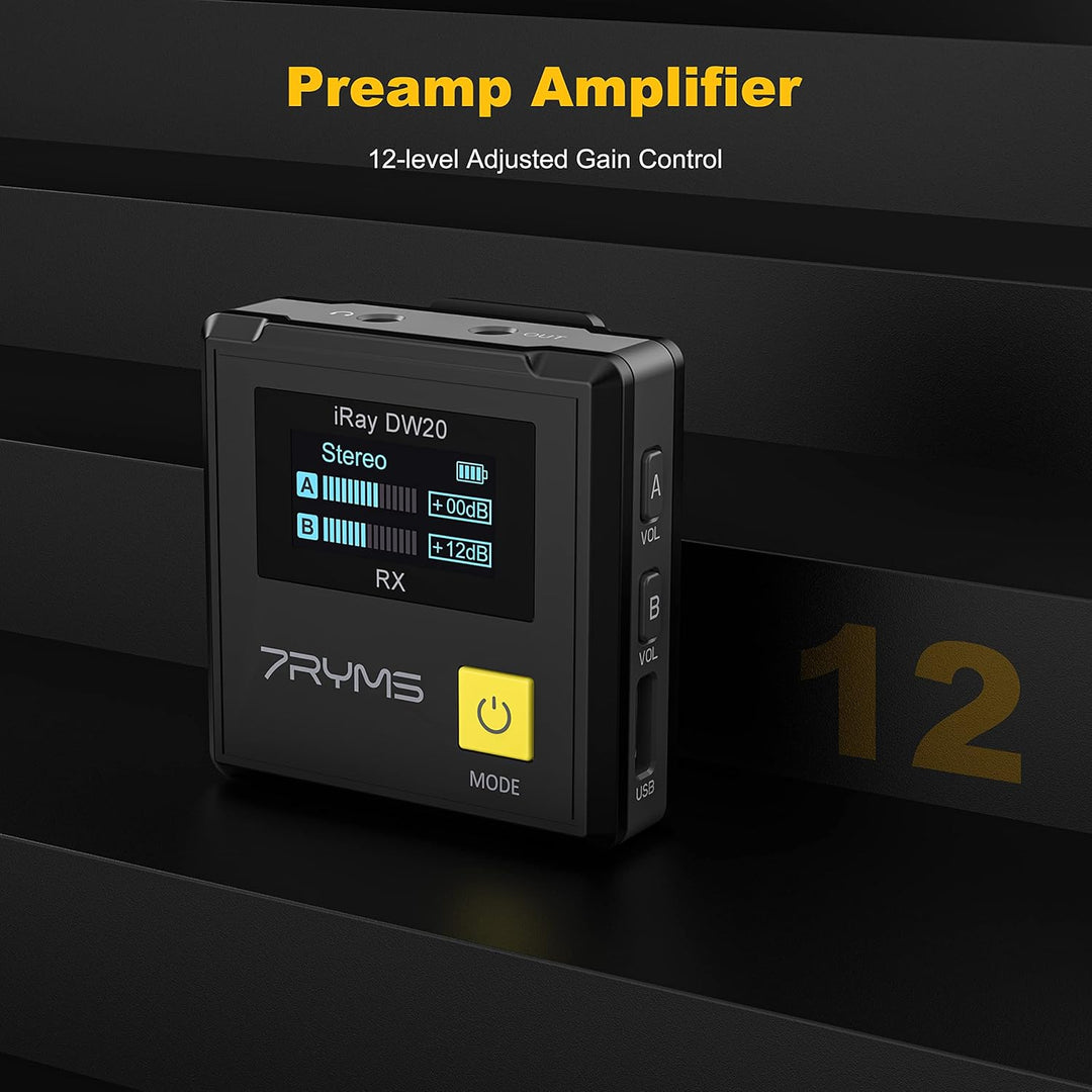 7RYMS iRAY DW20 Lavalier Wireless Mikrofon, 9H Akkulaufzeit, 100m Reichweite, Digitaler/Analogausgan