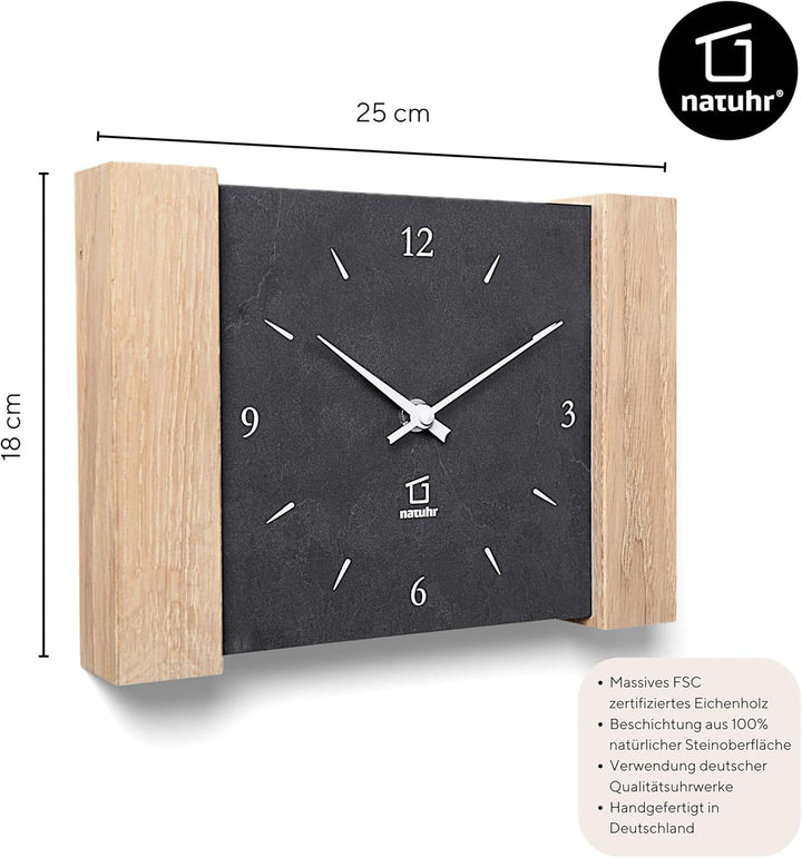 Natuhr Tischuhr Wanduhr Matterhorn Holz Eiche Heller Stein Schiefer Funkuhrwerk (Schwarz/Eiche gekal