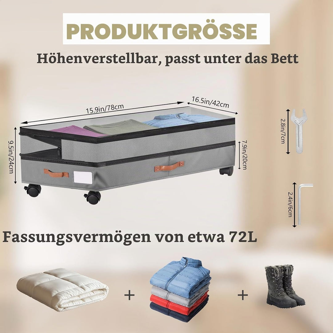 Unterbett Aufbewahrungsbox Unterbettkommode mit Rollen Deckel 65-82L Metallrahmen Bettkasten Organiz