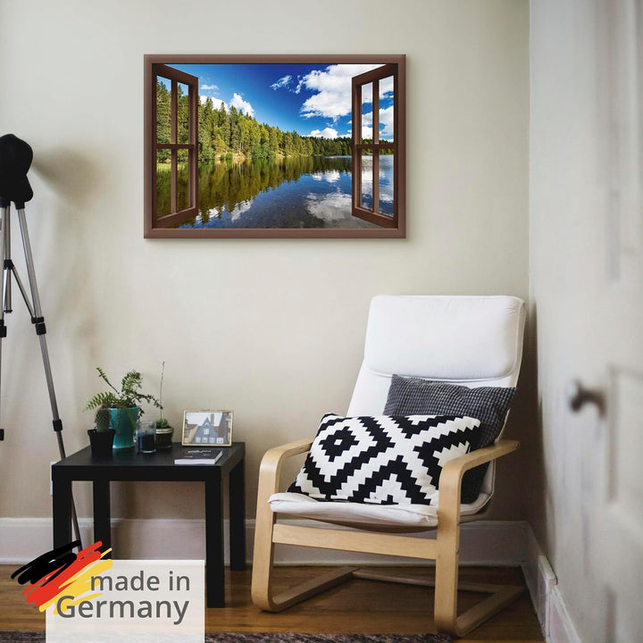 ARTland Leinwandbilder Wandbild Bild Leinwand 100x70 cm Fensterblick Wald See Landschaft Norwegen Na
