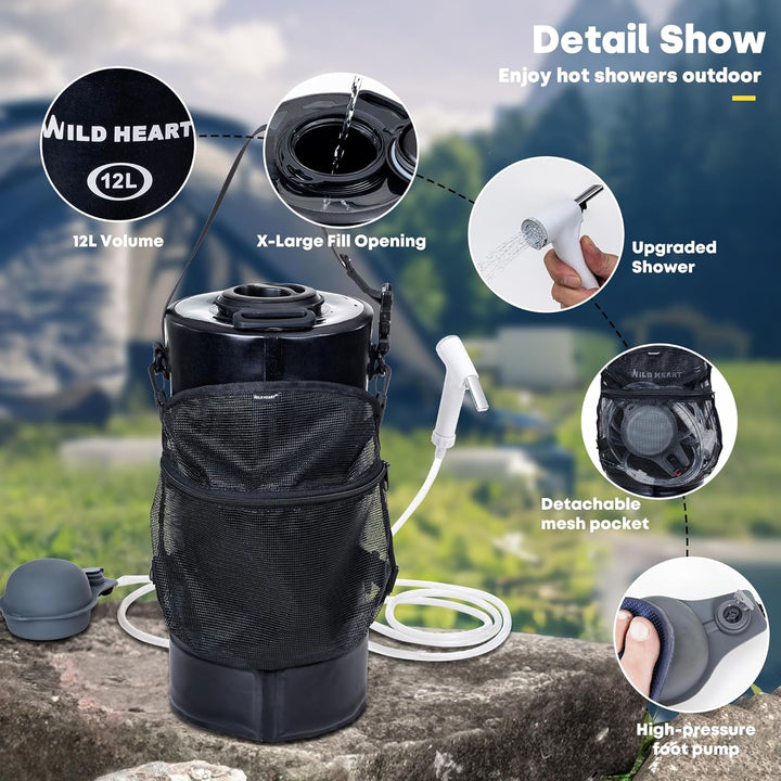 WILD HEATCampingdusche 12L 22L Tragbare Dusche für Camping mit Druckfusspumpe und Duschbeutel-Rucksa