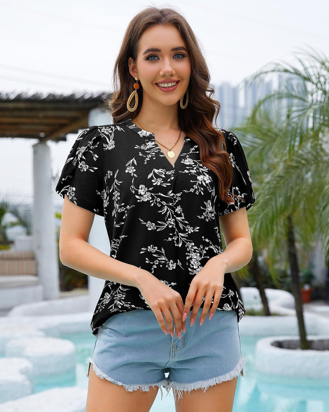 Siddhe Damen Bluse Kurzarm T-Shirts V-Ausschnitt Elegant Lässig Tunika Oberteil Locker Longshirt M B