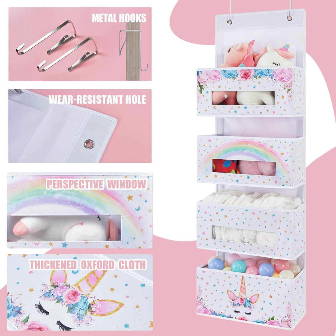WERNNSAI Magisch Einhorn Hängeorganizer - 4 Taschen Faltbares Hängeregal fürs Kleinkind Mädchen Spie