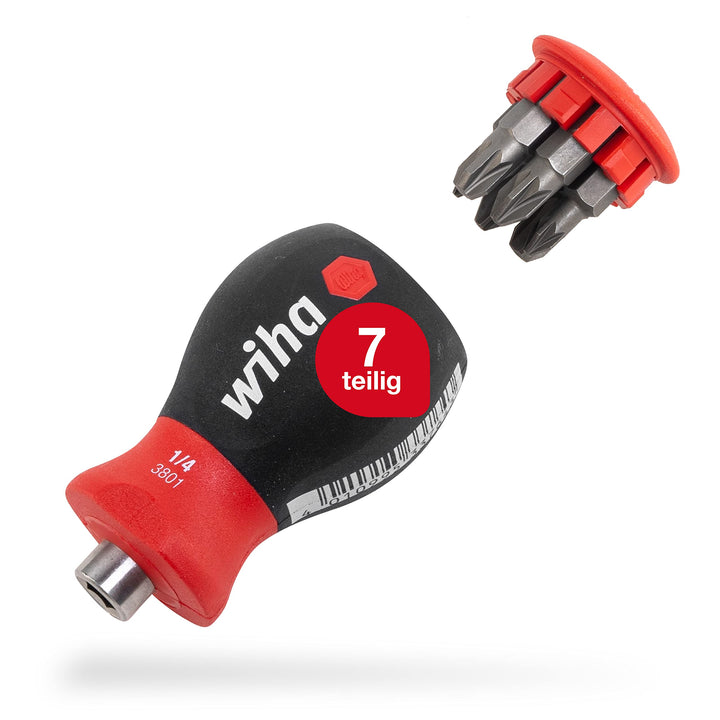 Wiha Schraubendreher Stubby mit Bit Magazin magnetisch (33740) I Schlitz, Kreuzschlitz I mit 6 Bits,