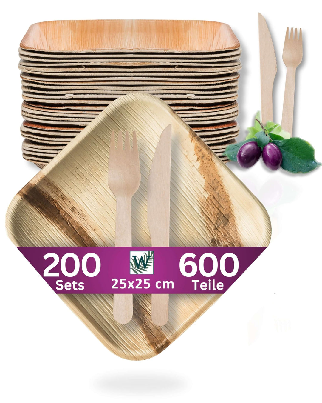 Waipur Bio Palmblatt Teller mit Holzbesteck - je 200 grosse Teller, Messer und Gabeln - Premium Einw
