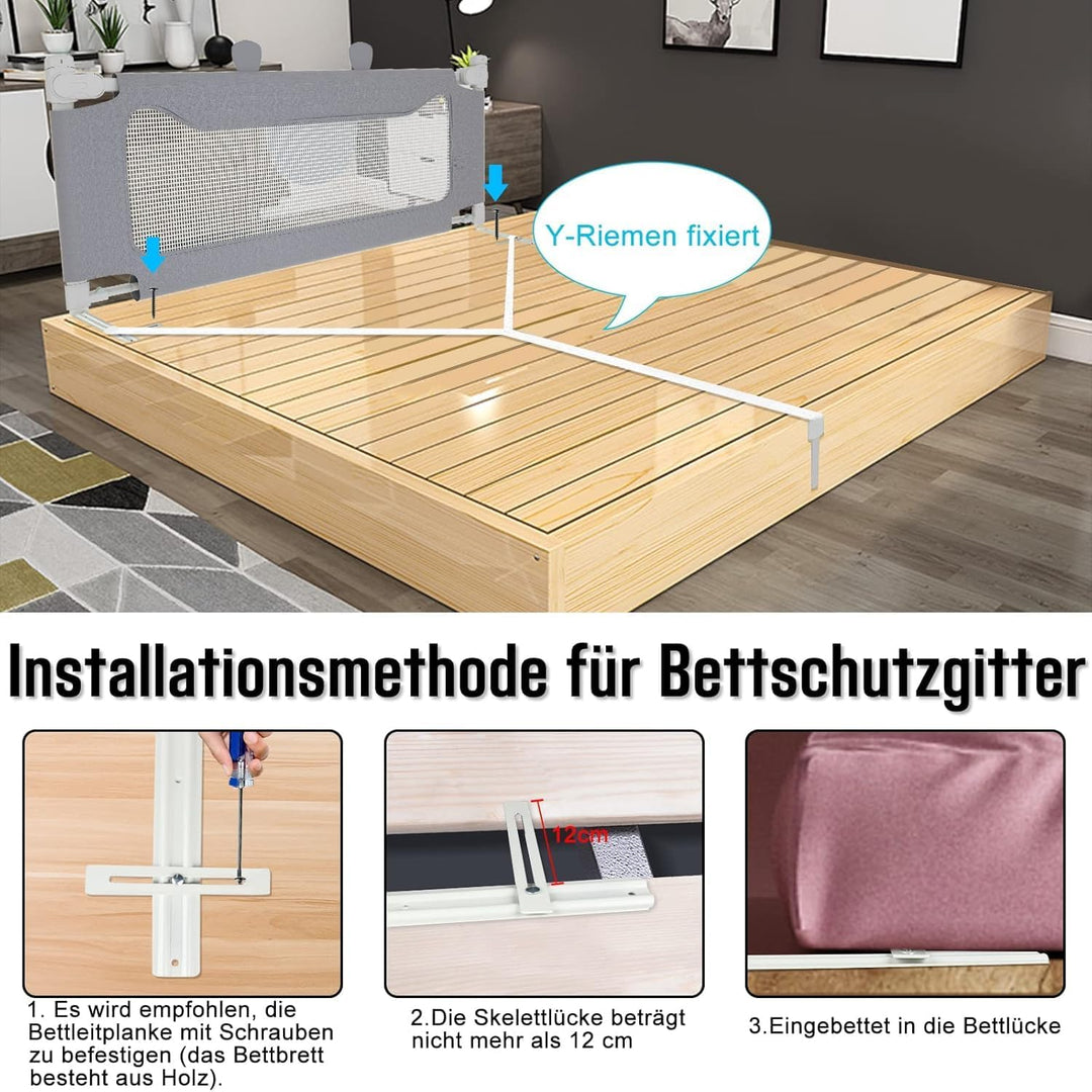 Froadp Rausfallschutz Baby Bettgitter 180cm Schutzgeländer, Höhenverstellbar Kinderbettgitter mit Do