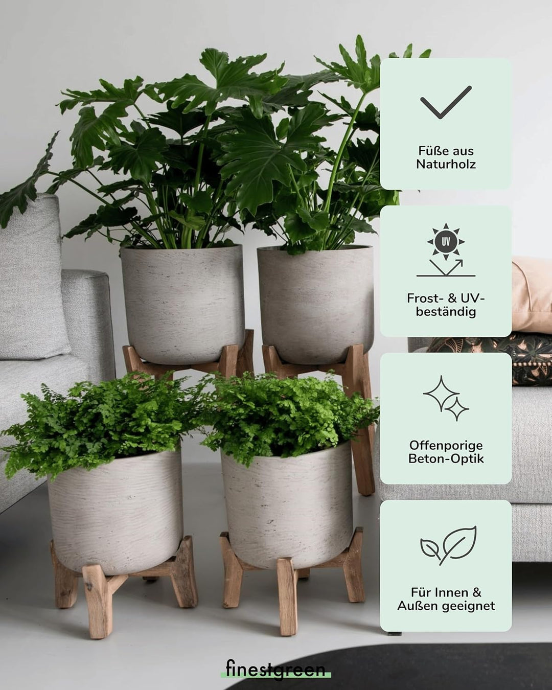 Finestgreen Charlie Feet Low | Handgefertigtes Pflanzgefäss auf Holzfüssen (L Ø:29,5 H:34,5 cm, Grau