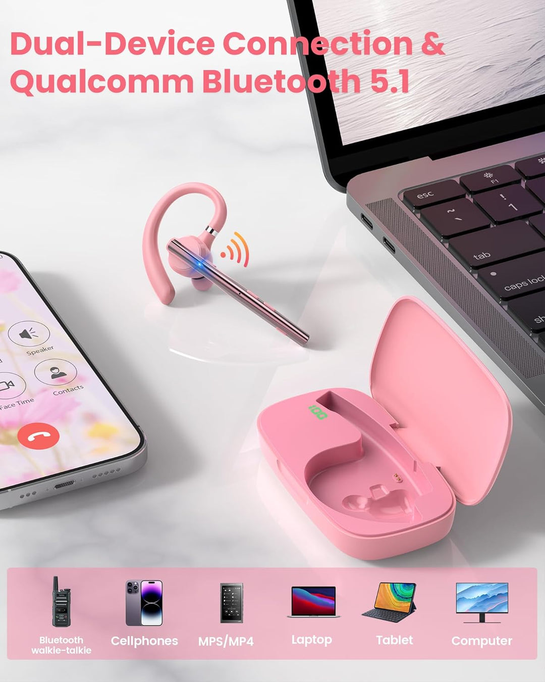 New Bee Bluetooth Headset mit 72h Spielzeit Bluetooth V5.1 Freisprech Headset Handy mit LED Ladecase
