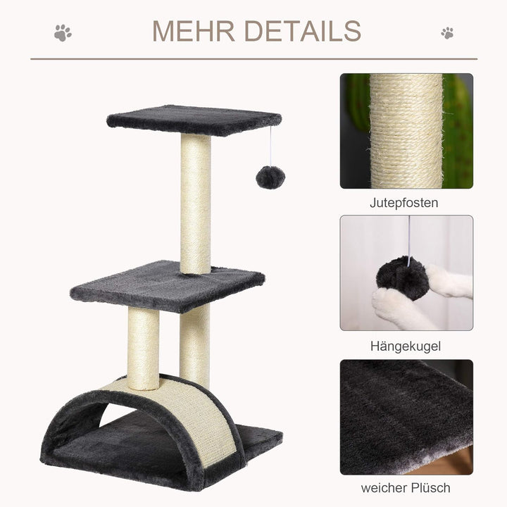 PawHut Kratzbaum 72 cm mit Plüschballen für mittelgrosse Katzen Grau | Sisalstämme, Plattform, Kratz