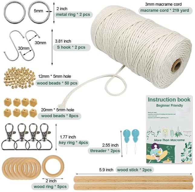 suo long Makramee-Baumwollkordel, 3 mm mit Makramee-Ringen, Makramee-Perlen, 3 mm x 219 m, Makramee-