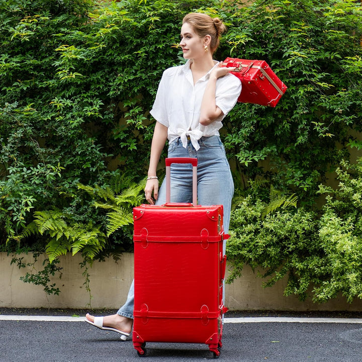 Urecity Koffer Vintage mit 4 Rollen Trolley Koffer Reisekoffer Leicht Retro Hartschalen Koffer 2-Tei