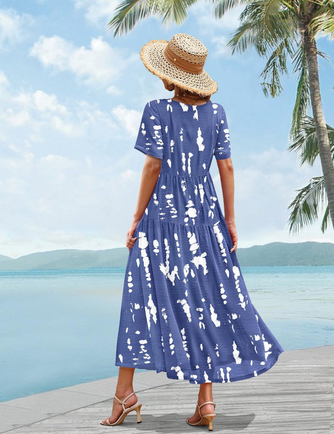 YESNO Damen Kleider Freizeit Lose Sommerkleid Lang Boho Maxikleid für Rundhals Strandkleid Blumenkle