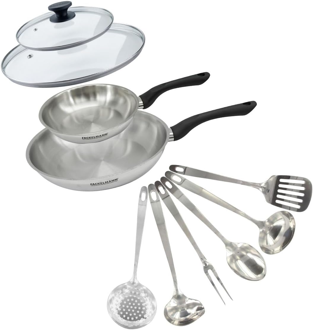 Fackelmann 9445750 Set mit 2 Pfannen 20 und 28 cm aus Edelstahl 18/8, 2 Glasdeckel und 6 Edelstahlut