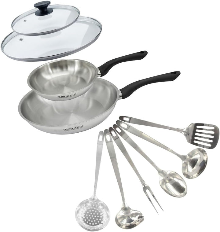 Fackelmann 9445750 Set mit 2 Pfannen 20 und 28 cm aus Edelstahl 18/8, 2 Glasdeckel und 6 Edelstahlut