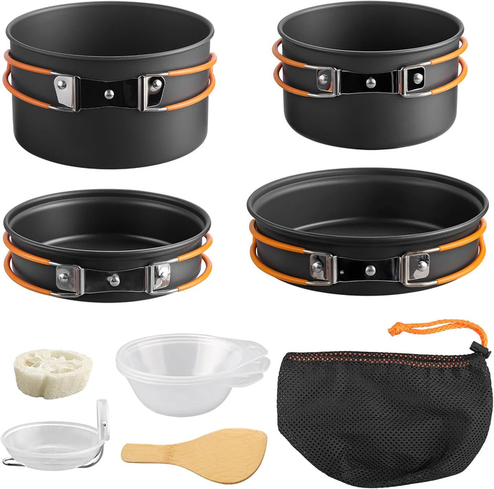 FUNYKICH Camping Kochgeschirr Set,11 Teilig Outdoor Geschirr Aluminium Campingkocher mit Topf Schale