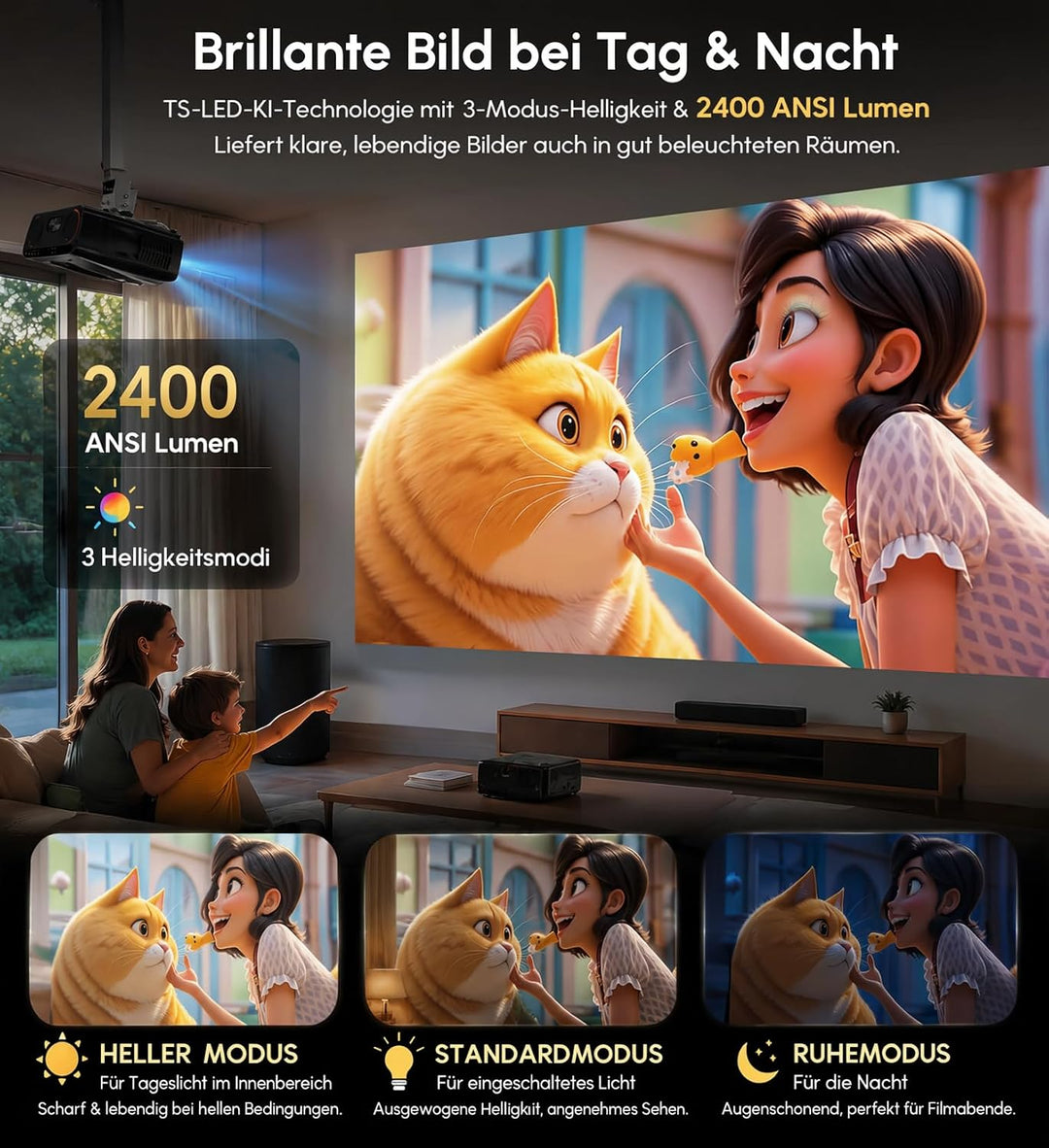Tageslicht Beamer 2400 ANSI Ultra HD 4K HDR10+ Smart Projektor mit 2026 automatischer Objektivabdeck