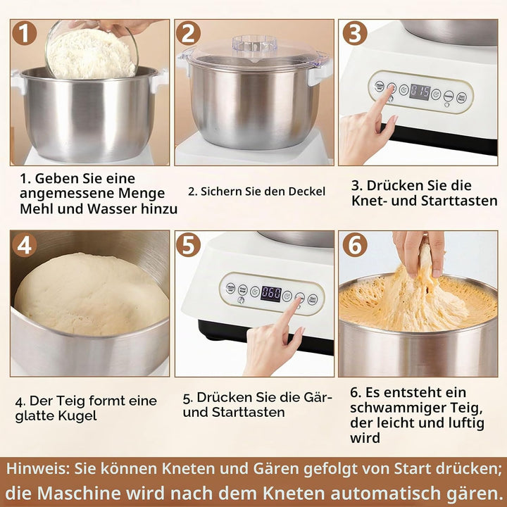 Edelstahl-Teigknetmaschine, 7L Grossvolumige Knetmaschine zum Backen mit thermostatischer Gärfunktio
