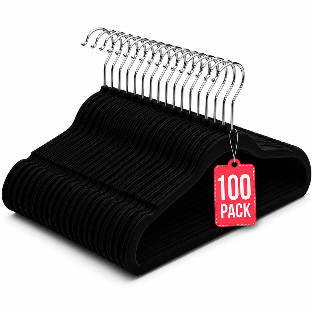 Kleiderbügel aus Samt, Schwarz, 100 Stück COM-FORT HOUSE Schwarz Pack 100, Schwarz Pack 100