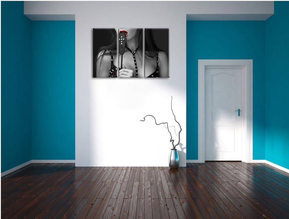 Dark Verführerische Frau mit Peitsche schwarz/weiss 3-Teiler Leinwandbild 120x80 Bild auf Leinwand,