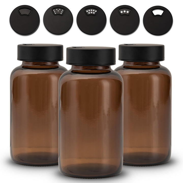 3 Stück Gewürzgläser – Premium Gewürzglas aus Braunglas | Gewürzstreuer Set | Gewürzdosen mit Deckel
