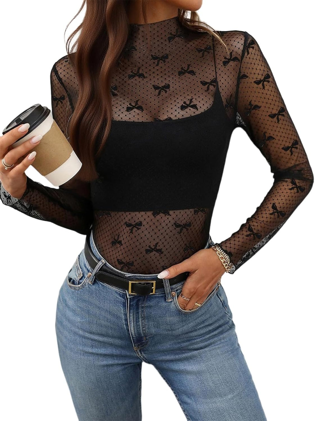MAYFASEY Damen Sexy Body Langarm Hemden Transparentes Mesh Durchsichtiger Bodys Shirt Tops B-Schwarz