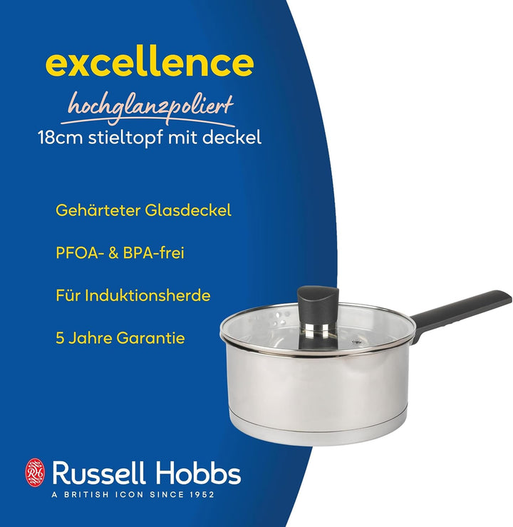 Russell Hobbs RH01163EU Excellence 18cm stieltopf mit deckel, 2L Kochtopf stieltopf mit Glasdeckel,