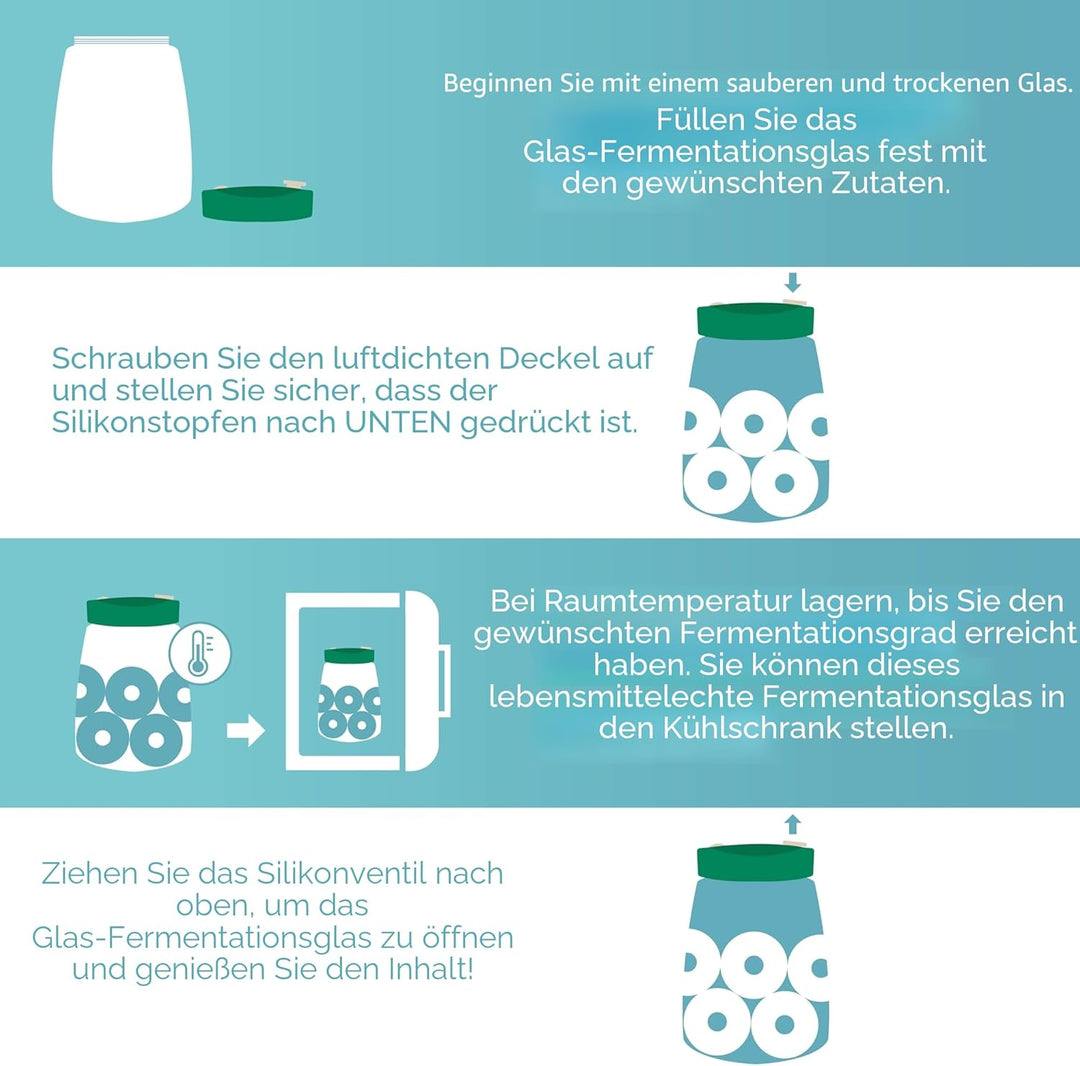 Gärglas mit Entlüftungsventil mit 1-Wege-Entlüftung - 1L 2er-Pack Lebensmittelecht Fermentierglas fü