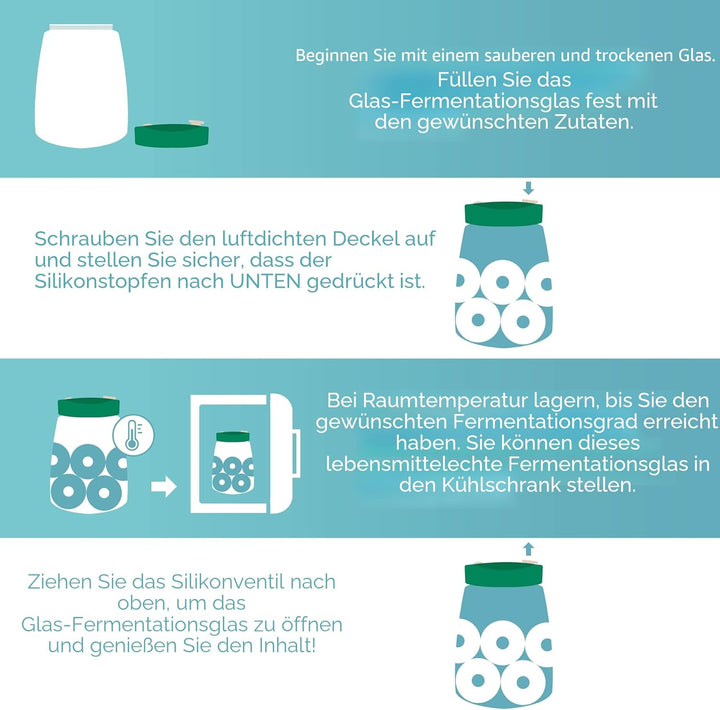 Gärglas mit Entlüftungsventil mit 1-Wege-Entlüftung - 1L 2er-Pack Lebensmittelecht Fermentierglas fü